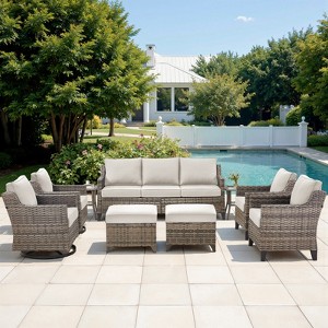 Buenhomino Wicker Outdoor Patio Furniture Set - 9 Piece Patio Conversation Sets with Swivel Rocker Chairs, Ottomans and Sofa, Waterproof Wicker - 1 of 4