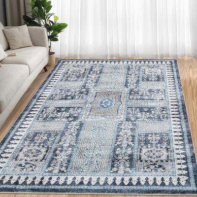 Vintage Washable Rug, Distressed Floral Low Pile Non-Slip Soft Accent Carpet for Living Room, Bedroom, Nursery, Entryway