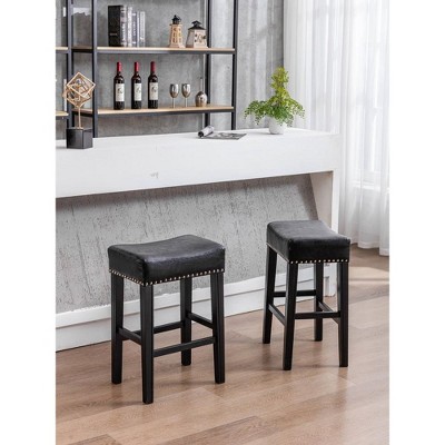 Bar Stools Set Of 2, Modern PU Leather Nailhead Upholstered Saddle Stools, Counter Height 26 Inches Backless Soft Saddle Seat