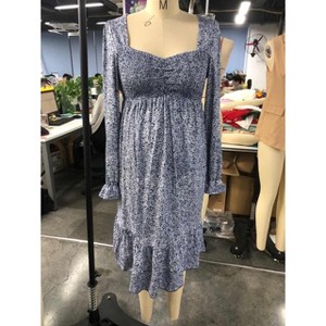 A heart-shaped collar long sleeved printed short maternity dress with navy blue floral print - 1 of 1