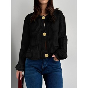 Womens Sweater Cardigan Long Sleeve Round Neck Button Front Casual Cardigan Sweater Tops - 1 of 3