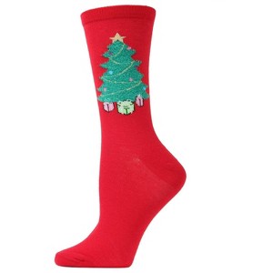 Memoi Women's Embroidered Christmas Tree Crew Socks Tango Red One Size - 1 of 2