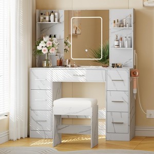 Vanity Desk with Mirror, Led Lights, Power Outlet and Stool - 1 of 4