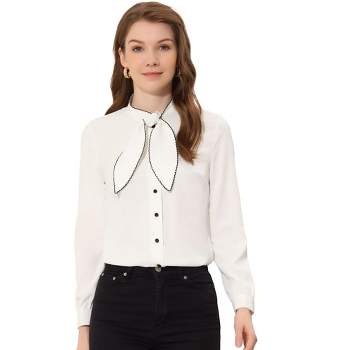 Allegra K Women's Elegant Bow Tie Neck Work Long Sleeve Button Front Shirt
