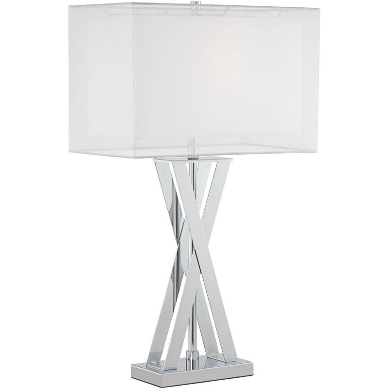 Possini Euro Design Proxima Modern Table Lamp 28" Tall Chrome Crisscrossing Metal Sheer Outer White Inner Rectangular Shade for Bedroom House Home, 1 of 10