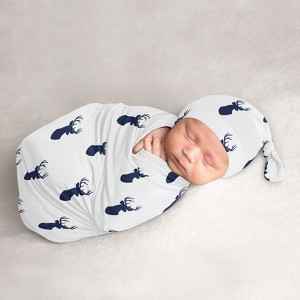 Sweet Jojo Designs Boy Baby Cocoon and Beanie Hat Swaddle Wrap Woodland Deer Blue and White 2pc - 1 of 4