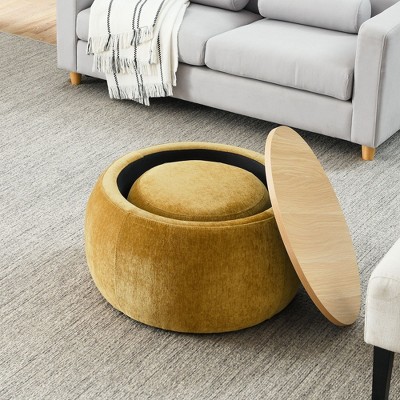 NicBex Round Foam Storage Ottoman Bench,Upholstered Storage Ottoman with Small Seat,Modern Storage Bench for Living Room,Bedroom,Dark Yellow