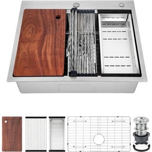 30" x 18" x 9" Built-in Kitchen Sink Stainless Steel Single Bowl Sink (with Accessories) and Pull-Down Faucet Modern Countertop Work Sink - 1 of 4