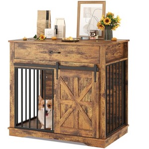 37.8"w Dog Crate Furniture for Small Medium Dogs, 2-in-1 Dog Cage Indoor As Side End Table, Farmhouse Dogs Kennel with Sliding Barn Doors & Drawer - 1 of 4