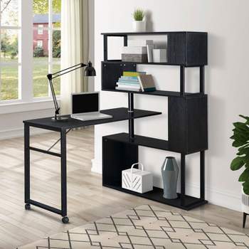 Home Office Computer Desk L-Shaped Corner Table, Rotating Computer Table with 5-Tier Bookshelf, 4 Installation Methods, Lockable Casters-The Pop Home