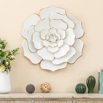24-Inch White and Gold Iron Flower Wall Sculpture