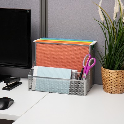 Silver Metal Mesh Desktop Organizer with Vertical File Storage