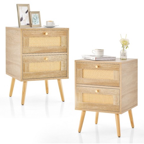 Costway 2 Pcs Rattan Nightstand Boho Accent Bedside Table With 2 Storage Drawers Natural Target
