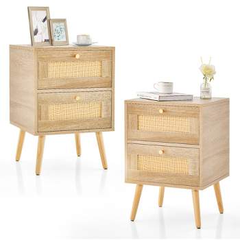 Costway 1/2 PCS Rattan Nightstand Boho Accent Bedside Table with 2 Storage Drawers Natural