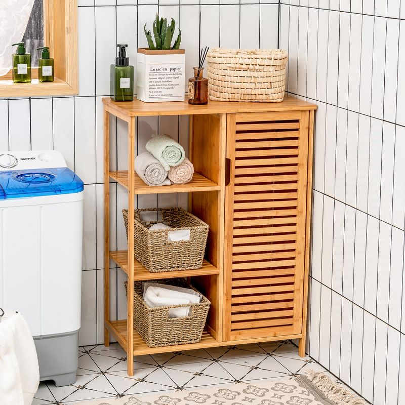 Costway Bathroom Cabinet Bamboo Storage Floor Cabinet w/ Single Door & 3 Open Shelves, 2 of 14