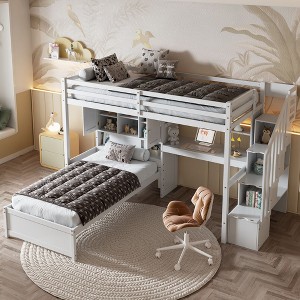 NicBex Twin over Twin Bunk Bed with Desk Wooden Bed Frame with Cabinet, Shelves, Storage Stairs and Guardrail, No Box Spring Required - 1 of 4
