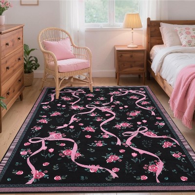 Floral Bow Rugs , Rug for Living Room with Soft Low Pile, Blue Washable Area Rug for Nursery Kids Dorm Playroom