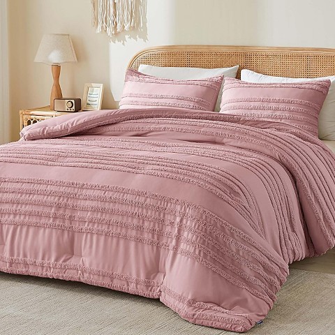 Der Rose BALHAM TRADE-King Size 3 Piece Comforter Set Dark Grey Tufted Striped Soft Vintage All Season Bedding Dusty Pink-Queen 90"x90"