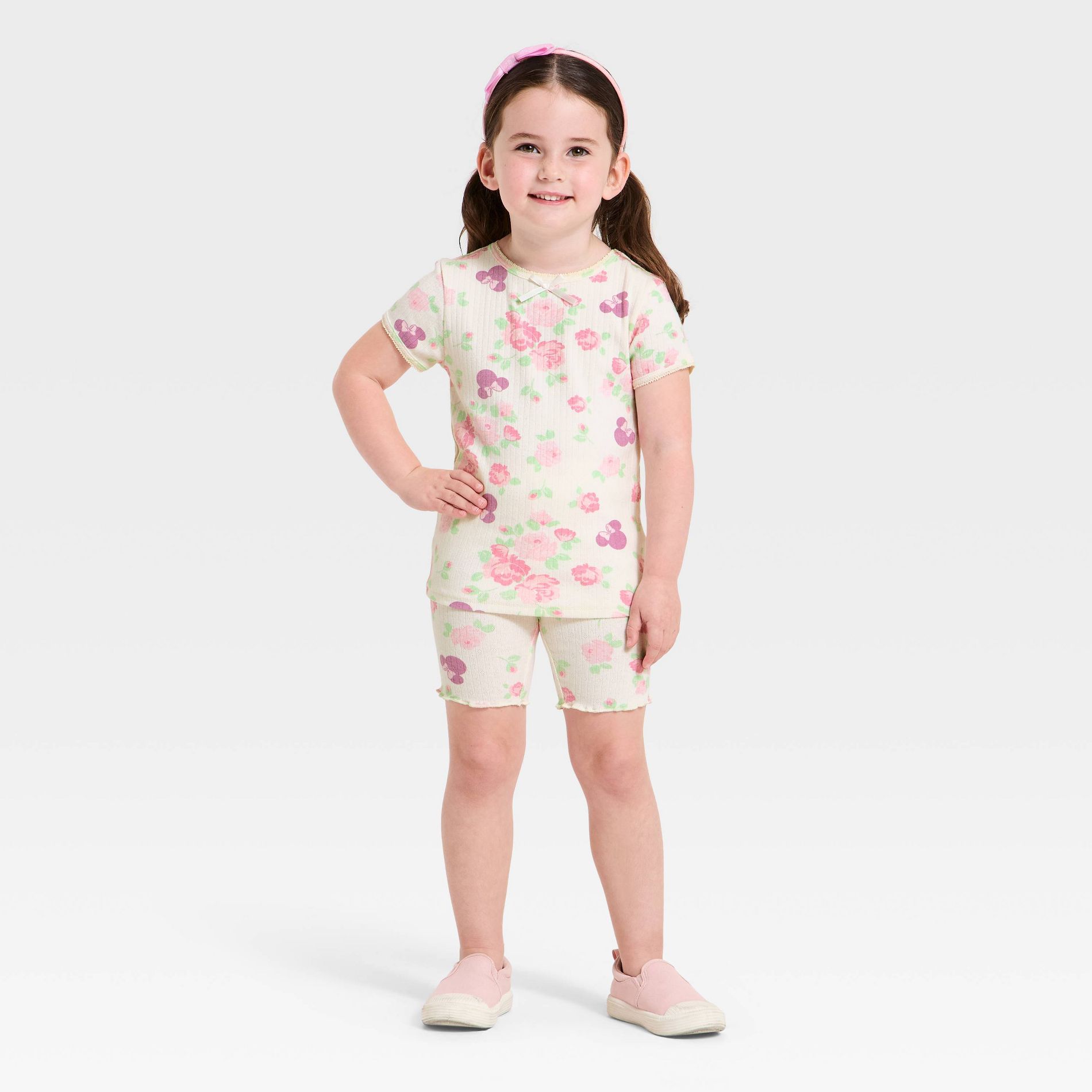 Toddler Girls' 2pc Disney Minnie Mouse Pointelle Ribbed T-Shirt & Shorts Set - Ivory 3T