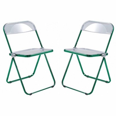 LeisureMod Lawrence Acrylic Folding Dining Chair with Open-Back Design in Green Metal Frame Set of 2