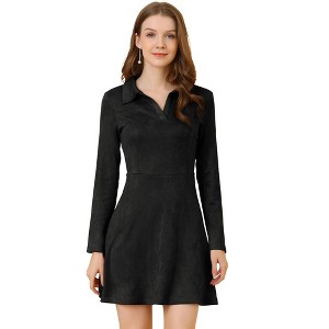 INSPIRE CHIC Women's Regular Fit Faux Suede Lapel Neck Long Sleeve Elegant A-Line Mini Dress - 1 of 4