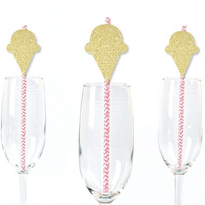 Big Dot of Happiness Gold Glitter Ice Cream Cone Party Straws - No-Mess Real Gold Glitter Cut-Outs and Decorative Ice Cream Paper Straws - Set of 24