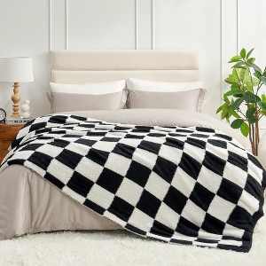 Snuggle Sac Faux Fur Checkered Throw Blanket, Fluffy Feather Yarn Blend Bedding Blankets for Couch or Bed - 1 of 4