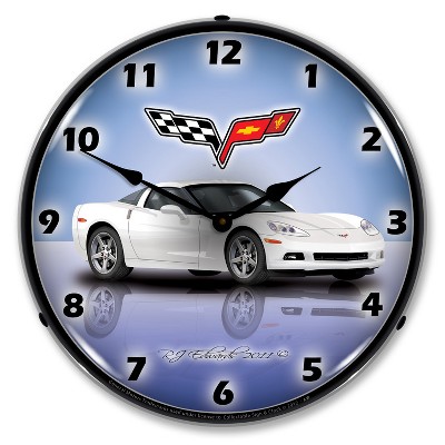 Collectable Sign & Clock | C6 Corvette Artic White LED Wall Clock Retro/Vintage, Lighted
