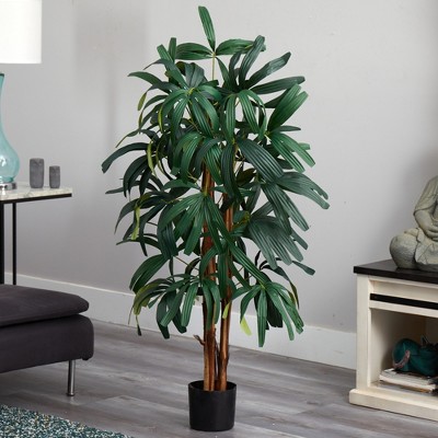 Tall Green Plastic Palm Floor Plant in Black Pot