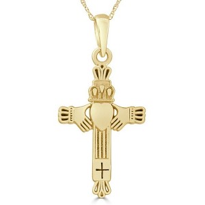 Pompeii3 14k White or Yellow Gold Gold Celtic Cross Claddagh Pendant Necklace 1" Tall - 1 of 3