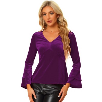 INSPIRE CHIC Women's Regular Fit V Neck Velvet Flare Long Sleeve Peplum Blouse