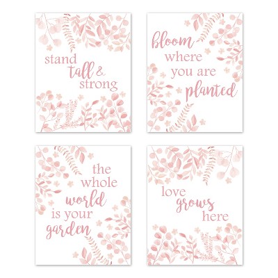 Image of Sweet Jojo Designs Girl Unframed Wall Art Prints for Décor Botanical Leaf Pink and White 4pc
