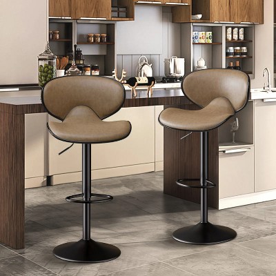 Brown two piece bar stool set, faux leather bar stool with backrest, stylish swivel bar stool with footrest