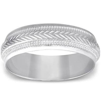 Pompeii3 6mm Mens 10K White Gold Brushed Hand Carved Pattern Wedding Band