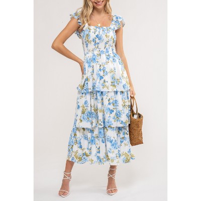 Blue Floral Polyester Sleeveless Midi Dress with Square Neck
