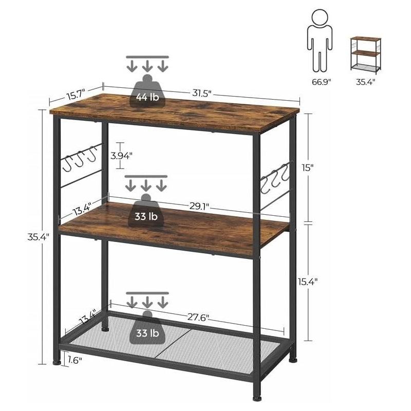 VASAGLE Bakers Rack, Kitchen Island Storage Shelf, Microwave Oven Stand, Metal Frame, Industrial, Rustic Brown and Black, 3 of 10