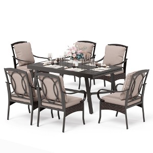Captiva Designs 7pc Patio Dining Set with Slat-top Steel Table & Rattan Metal Chairs with Removable Cushions - 1 of 4