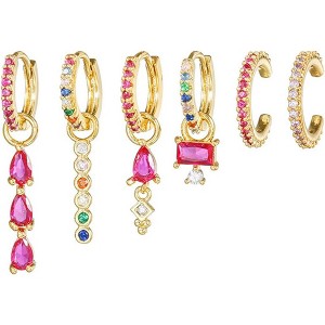 6-Piece Gold Earring Set: Colorful CZ Huggie Hoops & Cartilage Studs for Stacking - 1 of 4
