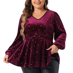 Agnes Orinda Women's Plus Size Elegant Shiny Gilding Metallic Stars Peplum V Neck Long Sleeve Velvet Blouse - 1 of 4