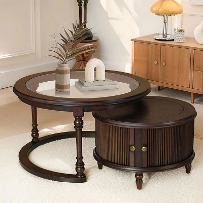 Modern Nesting Coffee Table Set with Tempered Glass Top & Storage,31.5'' & 22.4'' Round Living Room Tables-Baofuwish