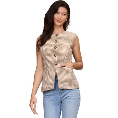 INSPIRE CHIC Women's Gingham Sleeveless Office Crew Neck Business Plaid Suit Waistcoat