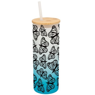 Elanze Designs Medium Monarch Butterfly Insect Bug Wrap-Around Design 25 Ounce Frosted Gradient Glass On-The-Go Coffee Travel Skinny Tumbler Mug Cup,
