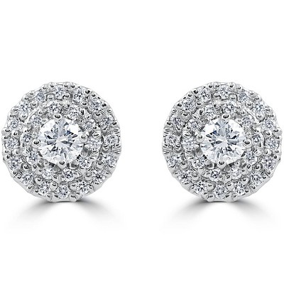 Pompeii3 .94 cttw Diamond Double Halo Vintage Studs 14k White Gold