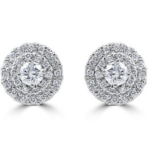 Pompeii3 .94 cttw Diamond Double Halo Vintage Studs 14k White Gold - 1 of 3