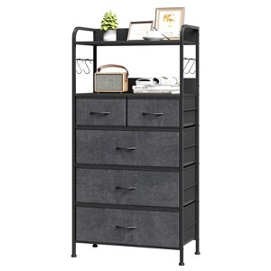 Tall Bedroom Dresser, Vertical Dresser with 5 Fabric Drawers and 2 Open Shelves, Living Room Chest of Drawers with Hanging Racks for Small Spaces - 1 of 4