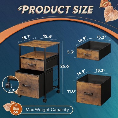 Rustic Brown Wood Grain Mobile File Cabinet with Open Shelf