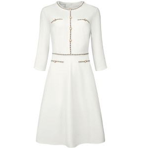 Hobemty Women's Elegant Office 3/4 Sleeve Tweed Trim Round Neck A-Line Dress - 1 of 4