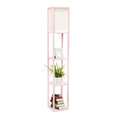 Elegant Light Pink Column Floor Lamp with Linen Shade and Display Shelves