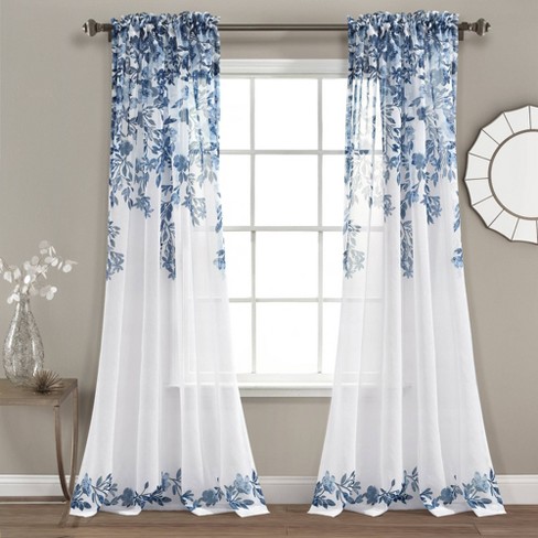 Set Of 2 95 X38 Tanisha Sheer Window, Navy Blue And Beige Curtains