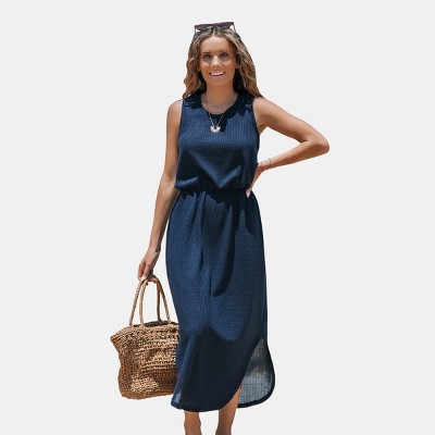 Women's Navy/Black Sleeveless Elastic Waist Knit Midi Dress - Cupshe
